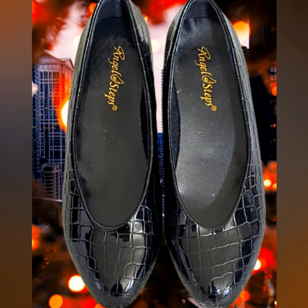 📣Carol Wright Angel 😇 Steps Black Patent Crocodile🐊 Size 7️⃣ Jan Flats 😇
